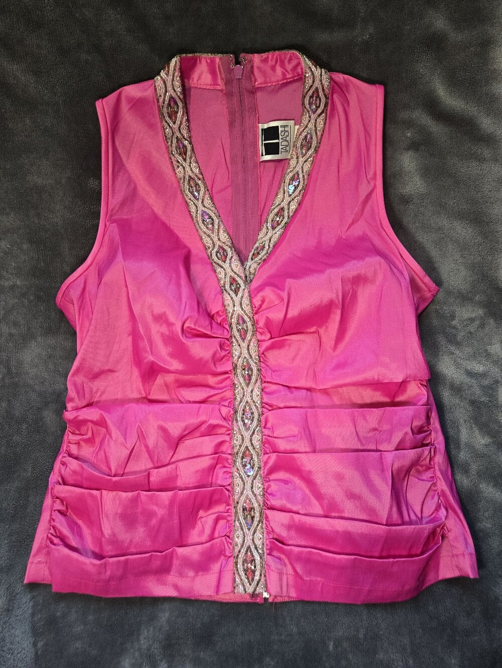 Vintage Tadashi Hot Pink Beaded Ruched Sleeveless Blouse